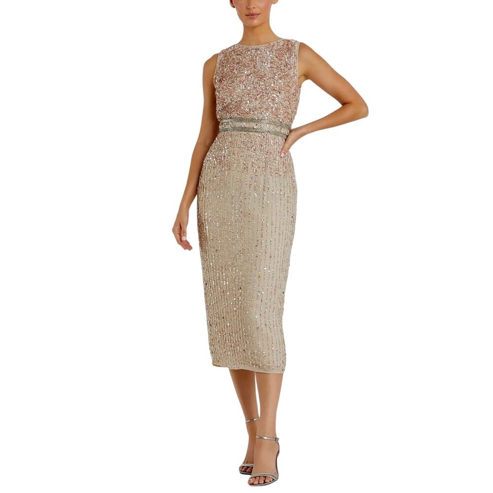 Mac Duggal A10509 Rose Gold Cocktail Dress Sequin Sleeveless Midi Sheath Size 4